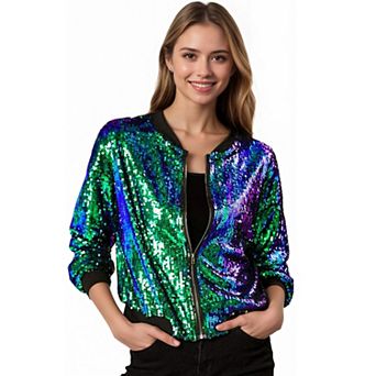 Women's Glitter Cropped Long Sleeve Zipper Bomber Jacket
