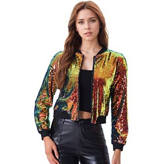 Women's Glitter Cropped Long Sleeve Zipper Bomber Jacket