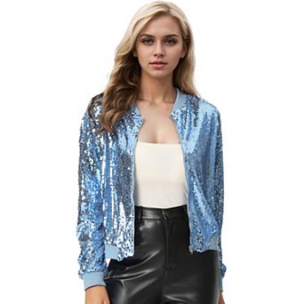 Women's Glitter Cropped Long Sleeve Zipper Bomber Jacket