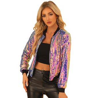Women's Glitter Cropped Long Sleeve Zipper Bomber Jacket