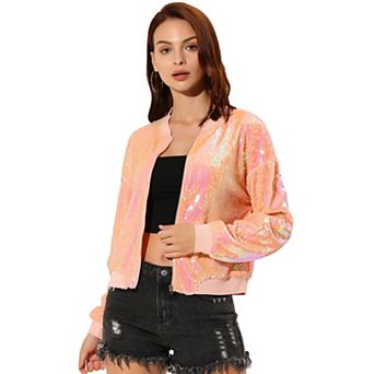 Women's Glitter Cropped Long Sleeve Zipper Bomber Jacket