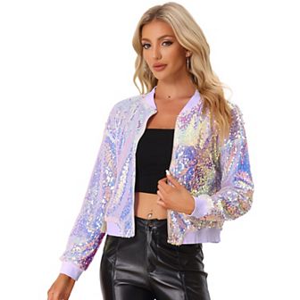 Women's Glitter Cropped Long Sleeve Zipper Bomber Jacket