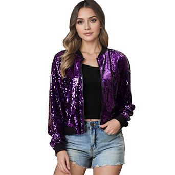 Women's Glitter Cropped Long Sleeve Zipper Bomber Jacket