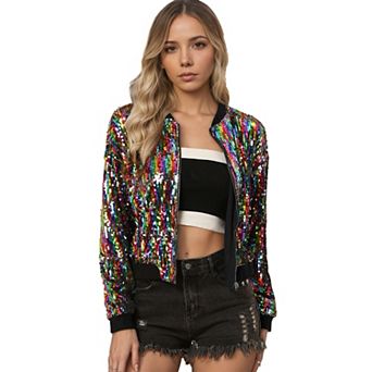 Women's Glitter Cropped Long Sleeve Zipper Bomber Jacket
