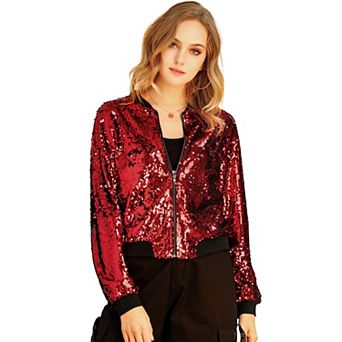 Women's Glitter Cropped Long Sleeve Zipper Bomber Jacket