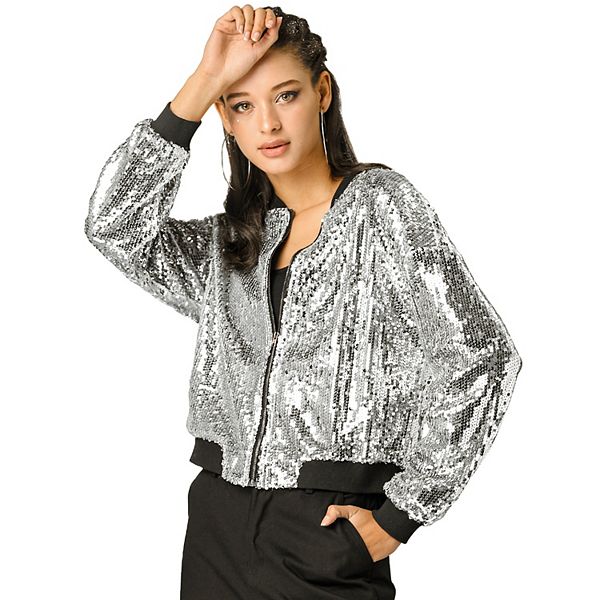 Women's Glitter Cropped Long Sleeve Zipper Bomber Jacket