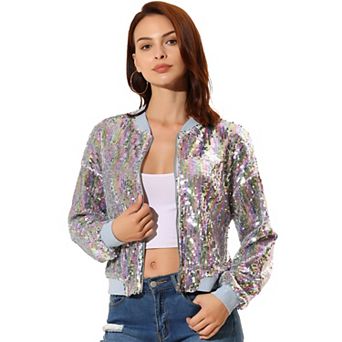 Women's Glitter Cropped Long Sleeve Zipper Bomber Jacket