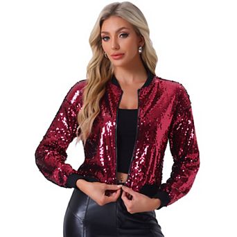 Women's Glitter Cropped Long Sleeve Zipper Bomber Jacket