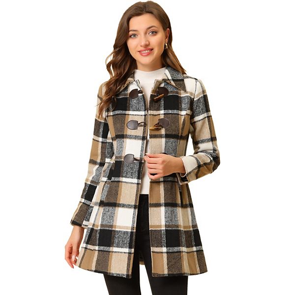 Women's Turn Down Collar Plaid Toggle Duffle Long Overcoat