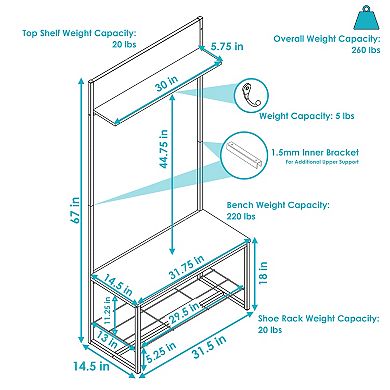 Sunnydaze Industrial MDP Hall Tree with Coat/Shoe Rack - Brown - 67 in