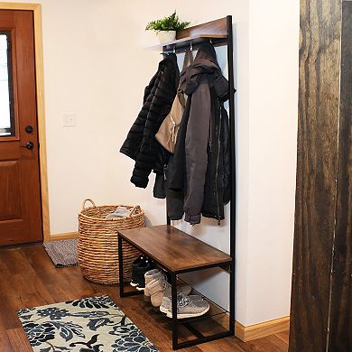 Sunnydaze Industrial MDP Hall Tree with Coat/Shoe Rack - Brown - 67 in