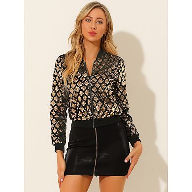 Women's Sequin Stand Collar Long Sleeve Zipper Cropped Bomber Jacket