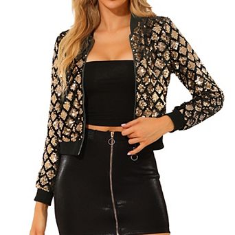 Women's Sequin Stand Collar Long Sleeve Zipper Cropped Bomber Jacket