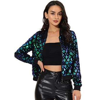Women's Sequin Stand Collar Long Sleeve Zipper Cropped Bomber Jacket