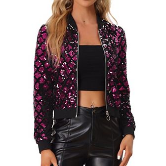 Women's Sequin Stand Collar Long Sleeve Zipper Cropped Bomber Jacket