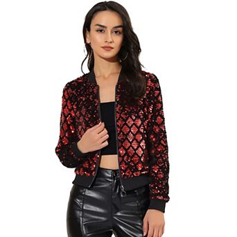 Women's Sequin Stand Collar Long Sleeve Zipper Cropped Bomber Jacket