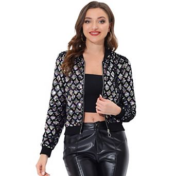 Women's Sequin Stand Collar Long Sleeve Zipper Cropped Bomber Jacket