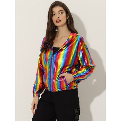 Women's Shiny Long Sleeve Zipper Hooded Metallic Jacket