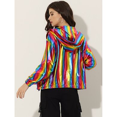 Women's Shiny Long Sleeve Zipper Hooded Metallic Jacket