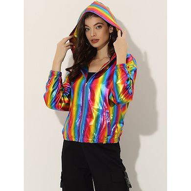 Women's Shiny Long Sleeve Zipper Hooded Metallic Jacket