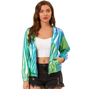 Women's Shiny Long Sleeve Zipper Hooded Metallic Jacket