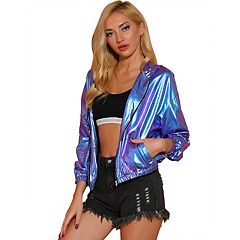 Allegra K Women's Holographic Fashion Stand Collar Metallic Lightweight Zip  Bomber Jacket Silver X-Large