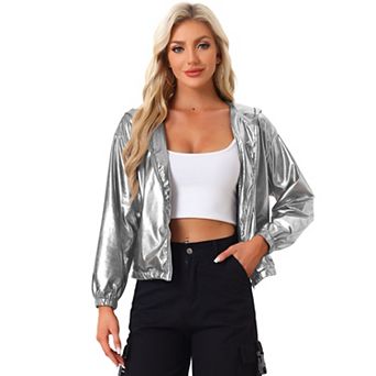 Women's Shiny Long Sleeve Zipper Hooded Metallic Jacket