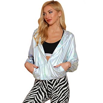 Women's Shiny Long Sleeve Zipper Hooded Metallic Jacket