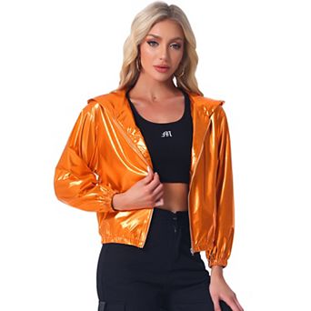 Women's Shiny Long Sleeve Zipper Hooded Metallic Jacket