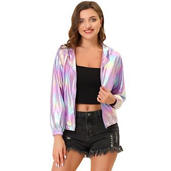 Women's Shiny Long Sleeve Zipper Hooded Metallic Jacket