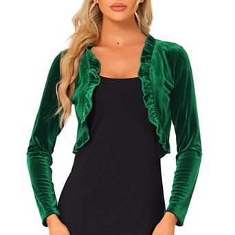 Women's Knit Velvet Open Front Long Sleeves Shrug Cropped Cardigan