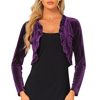 Women's Knit Velvet Open Front Long Sleeves Shrug Cropped Cardigan