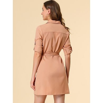 Women's Roll up Sleeves Multi-Pocket Belted Shirt Dress