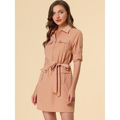 Women's Roll up Sleeves Multi-Pocket Belted Shirt Dress