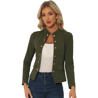 Women's Vintage Stand Collar Open Front Button Decor Casual Blazer Jacket