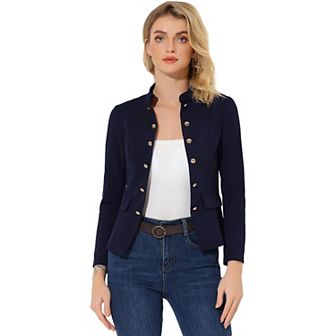 Women's Vintage Stand Collar Open Front Button Decor Casual Blazer Jacket