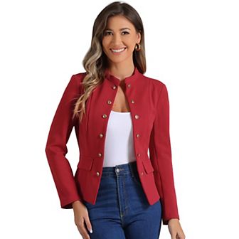 Women's Vintage Stand Collar Open Front Button Decor Casual Blazer Jacket