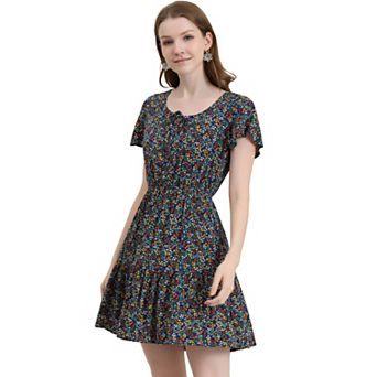 Women's Flutter Sleeve Elastic Waist Swing Ruffle Hem Floral Dress