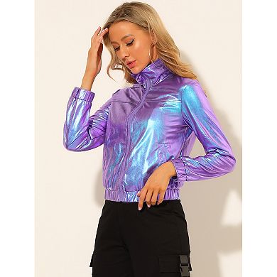 Women's Metallic Shiny Long Sleeve Zip Front Short Track Jacket