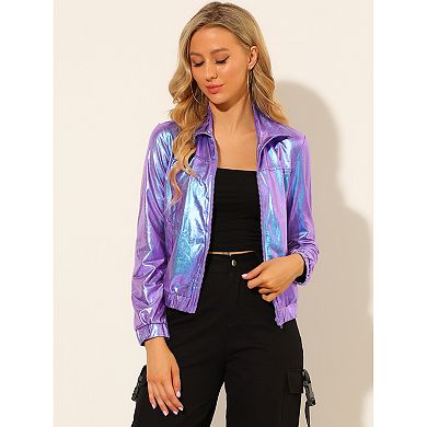 Women's Metallic Shiny Long Sleeve Zip Front Short Track Jacket