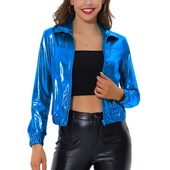 Women's Metallic Shiny Long Sleeve Zip Front Short Track Jacket
