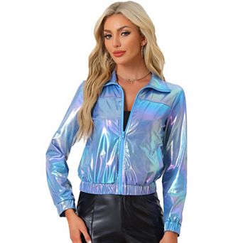 Women's Metallic Shiny Long Sleeve Zip Front Short Track Jacket