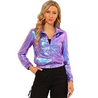 Women's Metallic Shiny Long Sleeve Zip Front Short Track Jacket