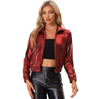 Women's Metallic Shiny Long Sleeve Zip Front Short Track Jacket