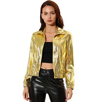 Women's Metallic Shiny Long Sleeve Zip Front Short Track Jacket