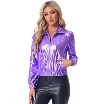 Women's Metallic Shiny Long Sleeve Zip Front Short Track Jacket