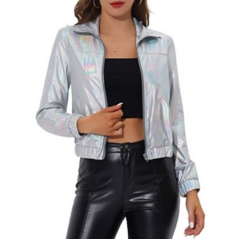 Women's Metallic Shiny Long Sleeve Zip Front Short Track Jacket