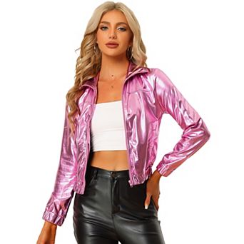 Women's Metallic Shiny Long Sleeve Zip Front Short Track Jacket