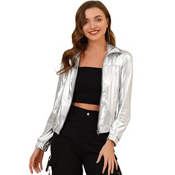Women's Metallic Shiny Long Sleeve Zip Front Short Track Jacket