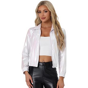 Women's Metallic Shiny Long Sleeve Zip Front Short Track Jacket
